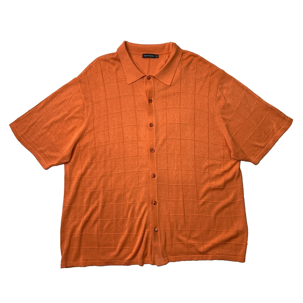 Paul Fredrick Shirt Mens 2XL Persimmon Silk Grid Pattern Button Up Short Sleeve
